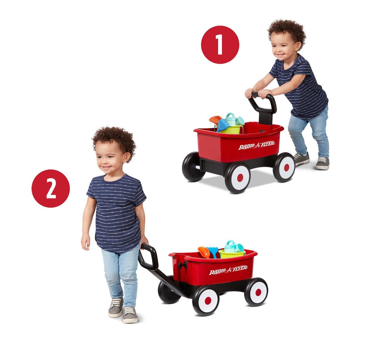 Boy Pushing Push & Pull Walker Wagon with Garden Tools