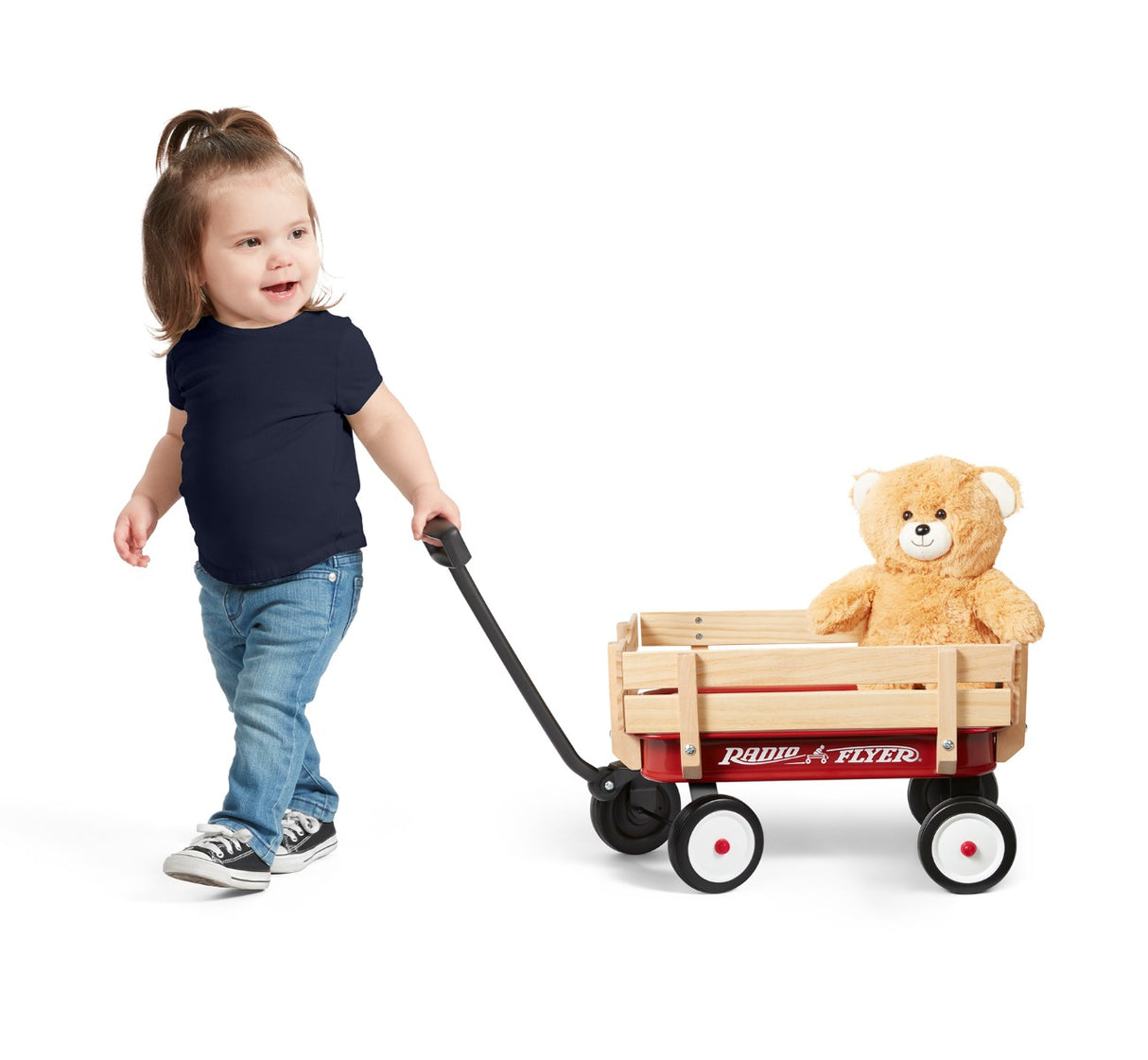 Girl Pulling My 1st Steel & Wood Wagon with Teddy Bear