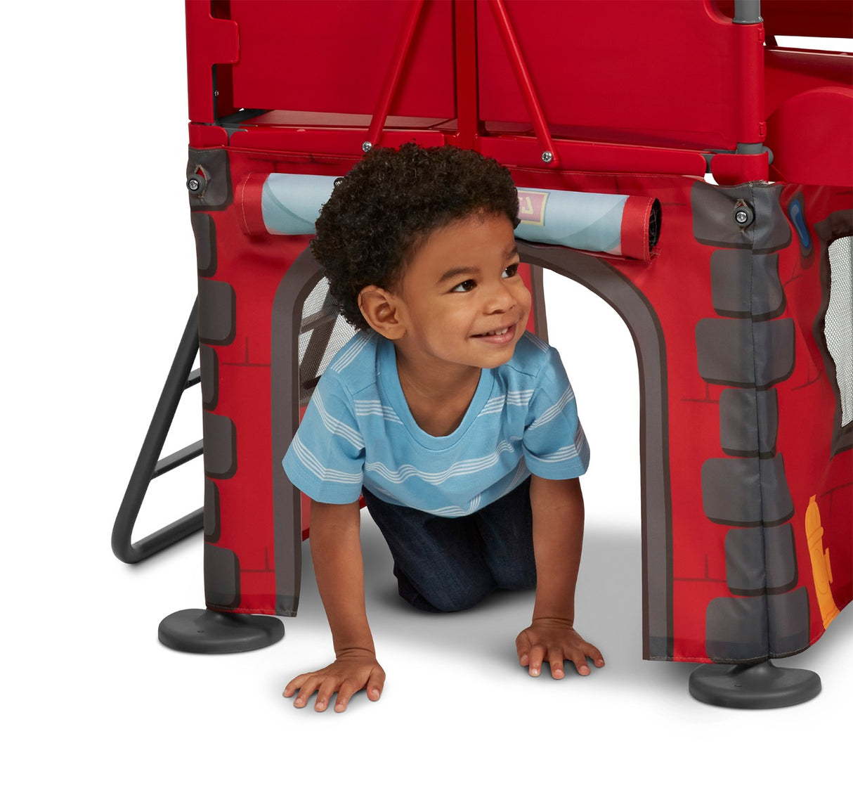 Boy Crawling Through Play & Fold Away Fire Station's Secret Underneath Play Space
