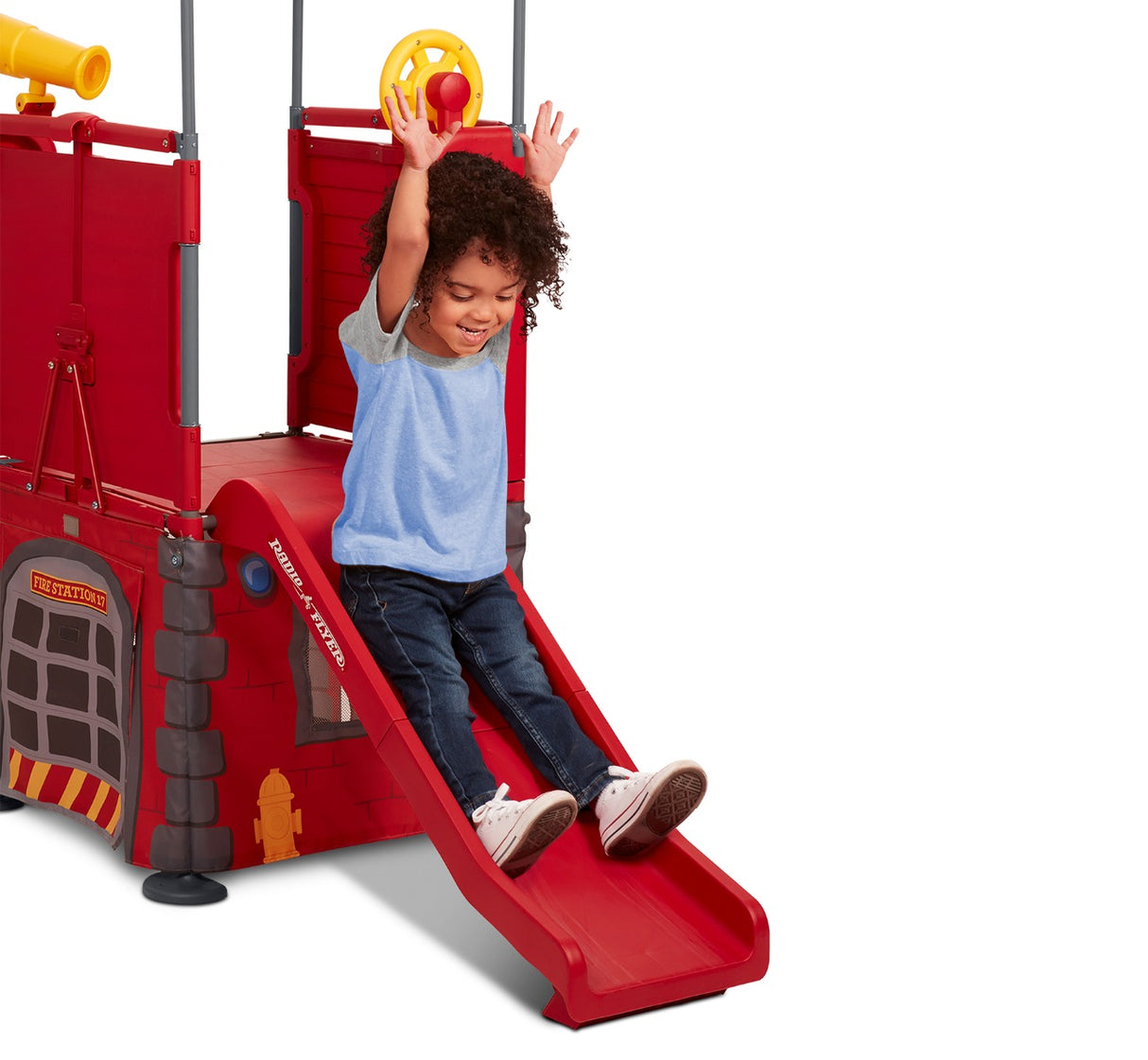 Boy Sliding Down Play & Fold Away Fire Station's Built In Slide