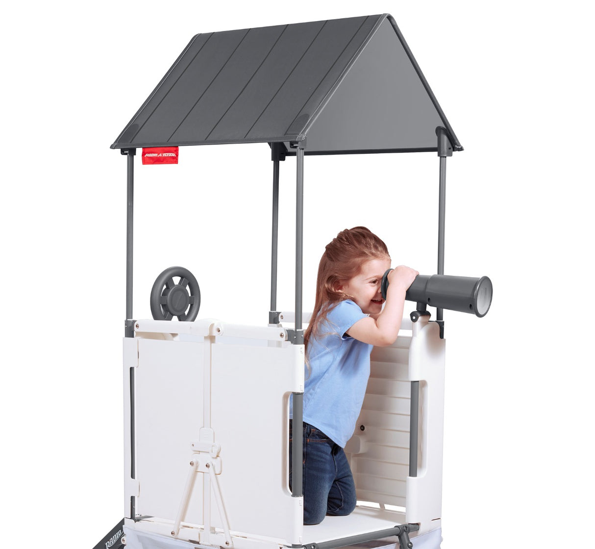 Girl looking through included telescope